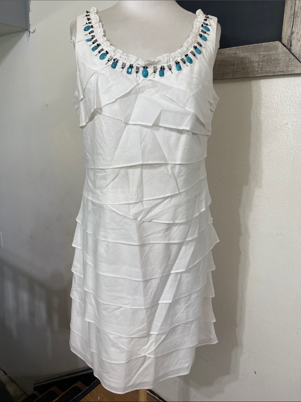 Dressbarn Layered Ruffled White Cotton Dress w/Turquoise Beading - Sz 12